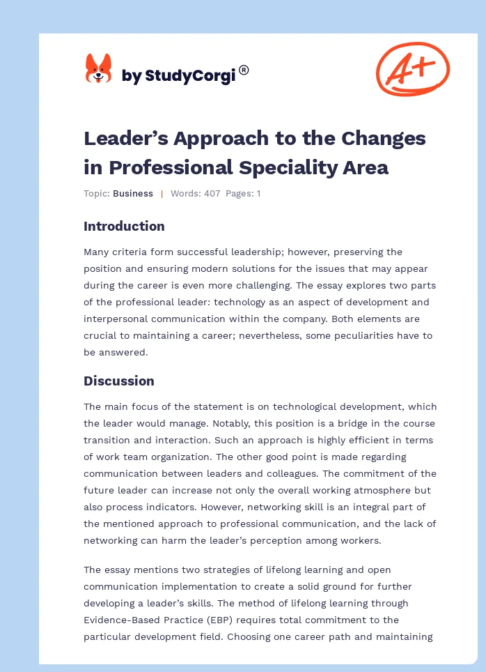 Leader’s Approach to the Changes in Professional Speciality Area. Page 1
