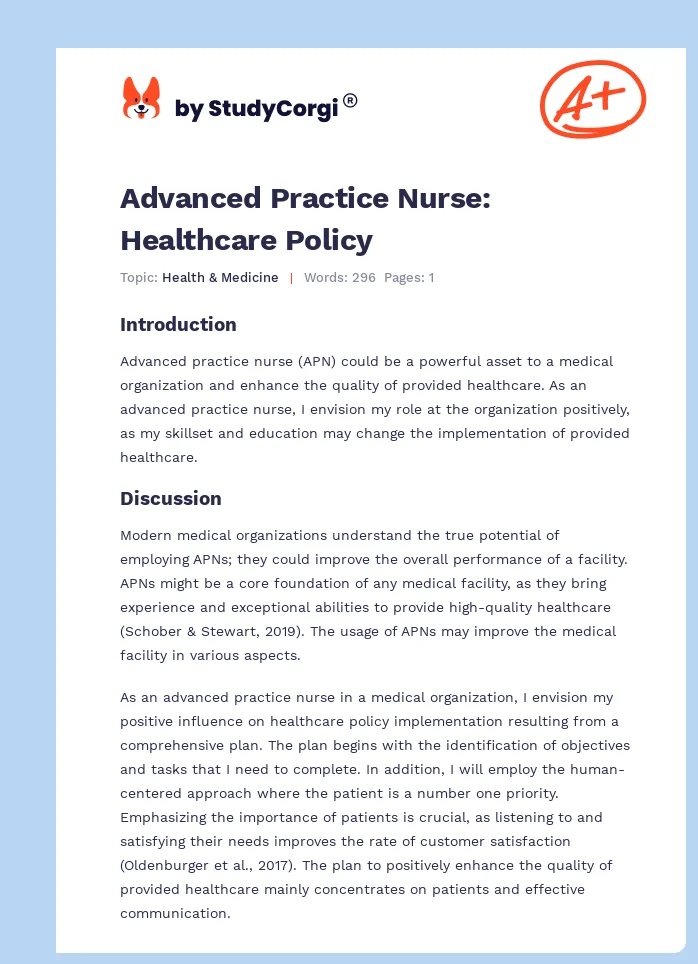 Advanced Practice Nurse: Healthcare Policy. Page 1