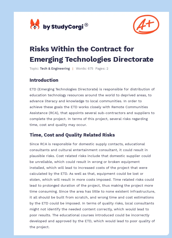 Risks Within the Contract for Emerging Technologies Directorate. Page 1