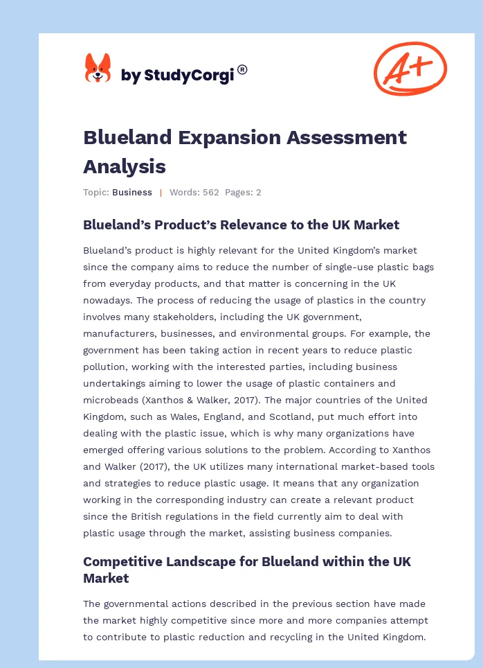 Blueland Expansion Assessment Analysis. Page 1