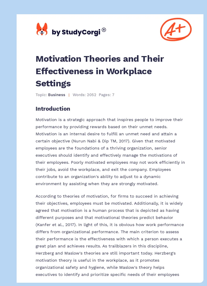 Motivation Theories and Their Effectiveness in Workplace Settings. Page 1
