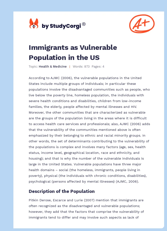 Immigrants as Vulnerable Population in the US. Page 1