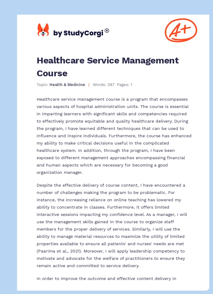 Healthcare Service Management Course. Page 1