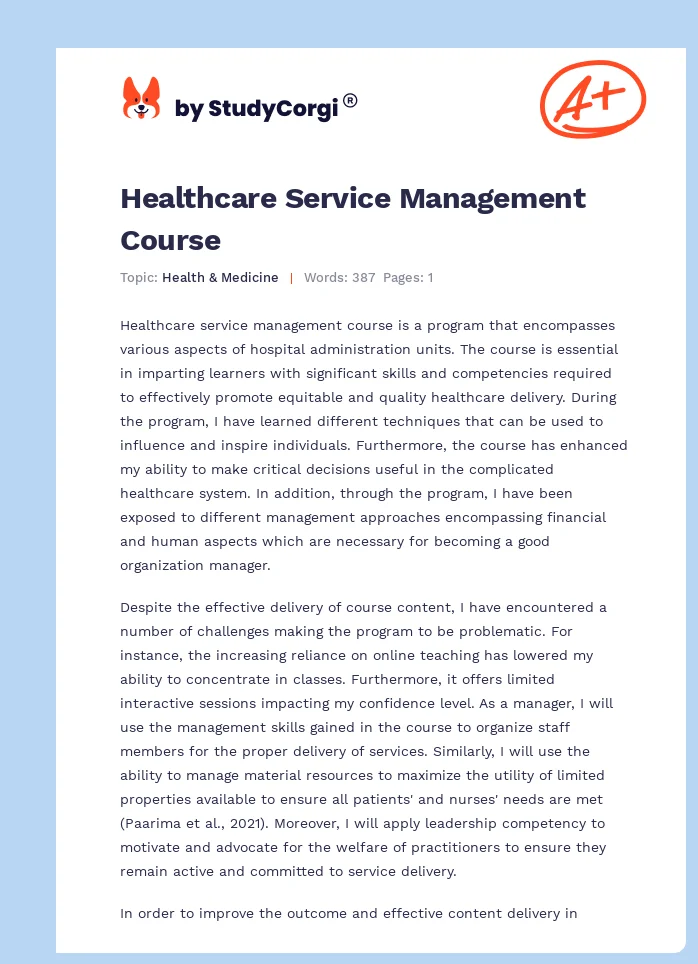 Healthcare Service Management Course Free Essay Example