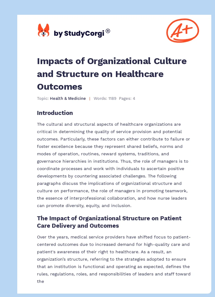 Impacts of Organizational Culture and Structure on Healthcare Outcomes. Page 1