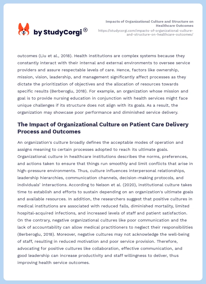 Impacts of Organizational Culture and Structure on Healthcare Outcomes. Page 2