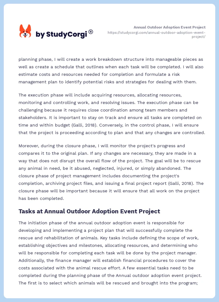 Annual Outdoor Adoption Event Project. Page 2