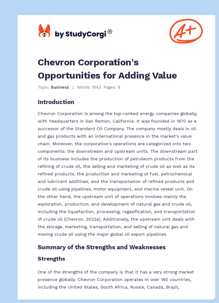 Chevron Corporation's Opportunities for Adding Value. Page 1