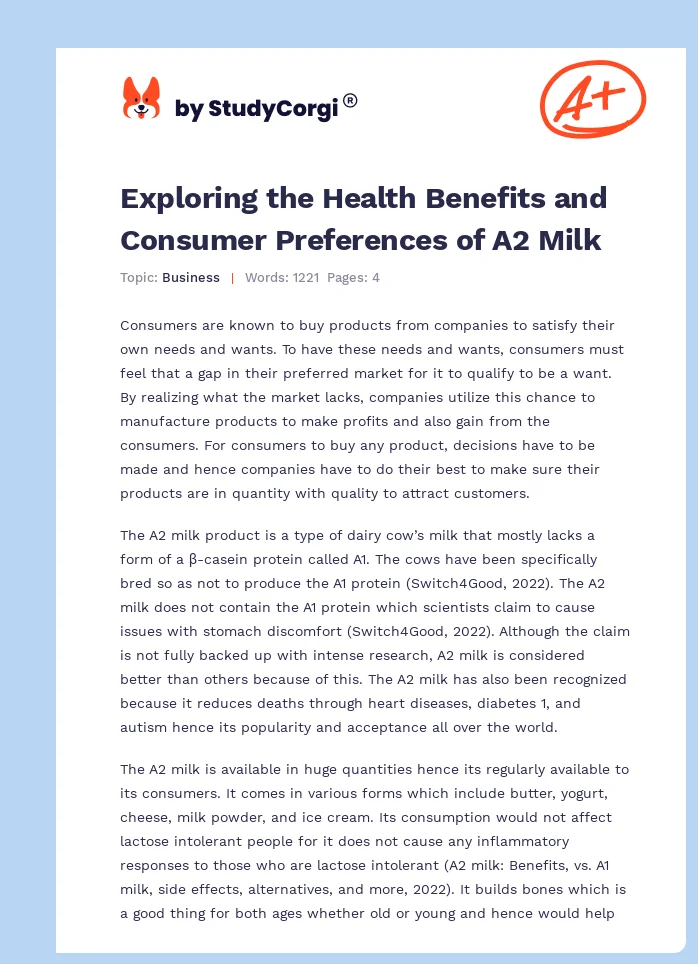 Exploring the Health Benefits and Consumer Preferences of A2 Milk. Page 1