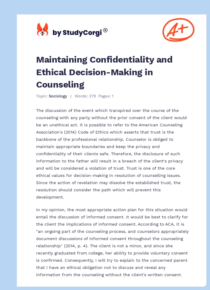 Maintaining Confidentiality and Ethical Decision-Making in Counseling. Page 1