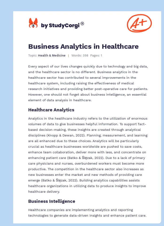 Business Analytics in Healthcare. Page 1