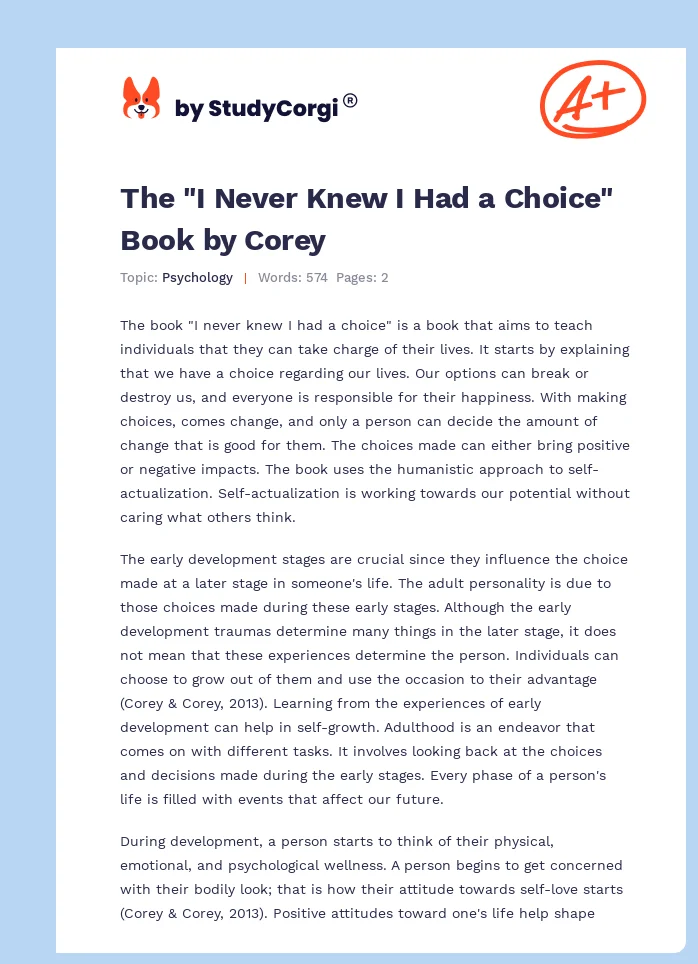 The "I Never Knew I Had a Choice" Book by Corey. Page 1