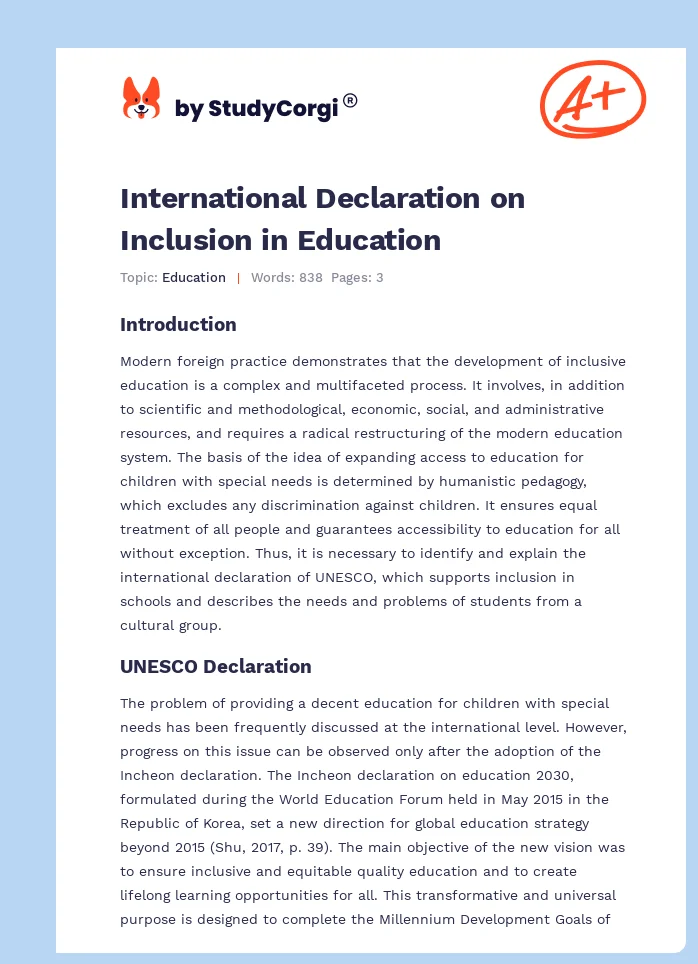 International Declaration on Inclusion in Education. Page 1