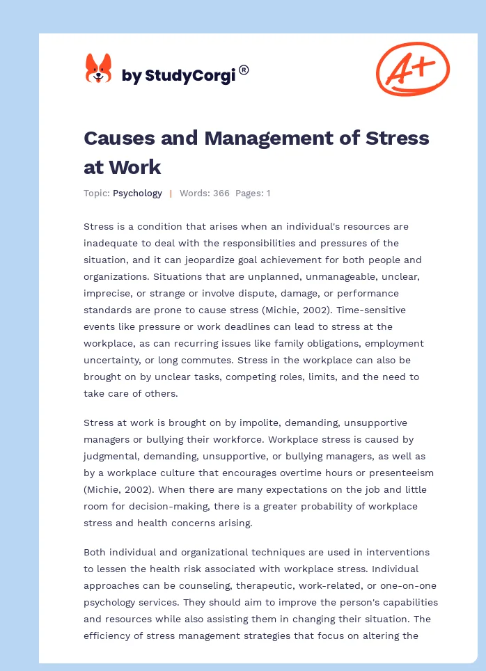Causes and Management of Stress at Work. Page 1