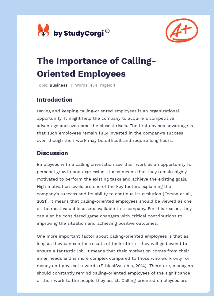 The Importance of Calling-Oriented Employees. Page 1