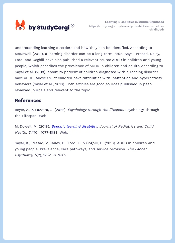 Learning Disabilities in Middle Childhood. Page 2