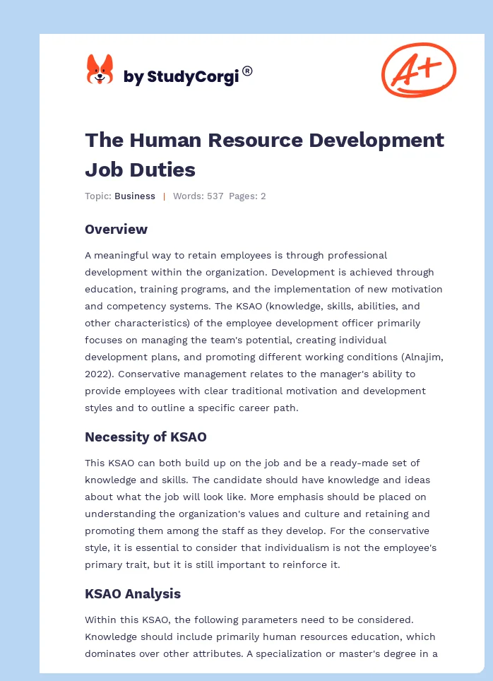 The Human Resource Development Job Duties. Page 1