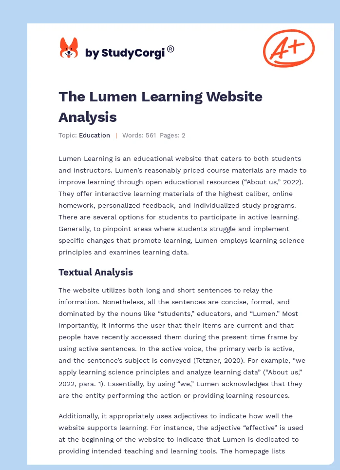 The Lumen Learning Website Analysis. Page 1