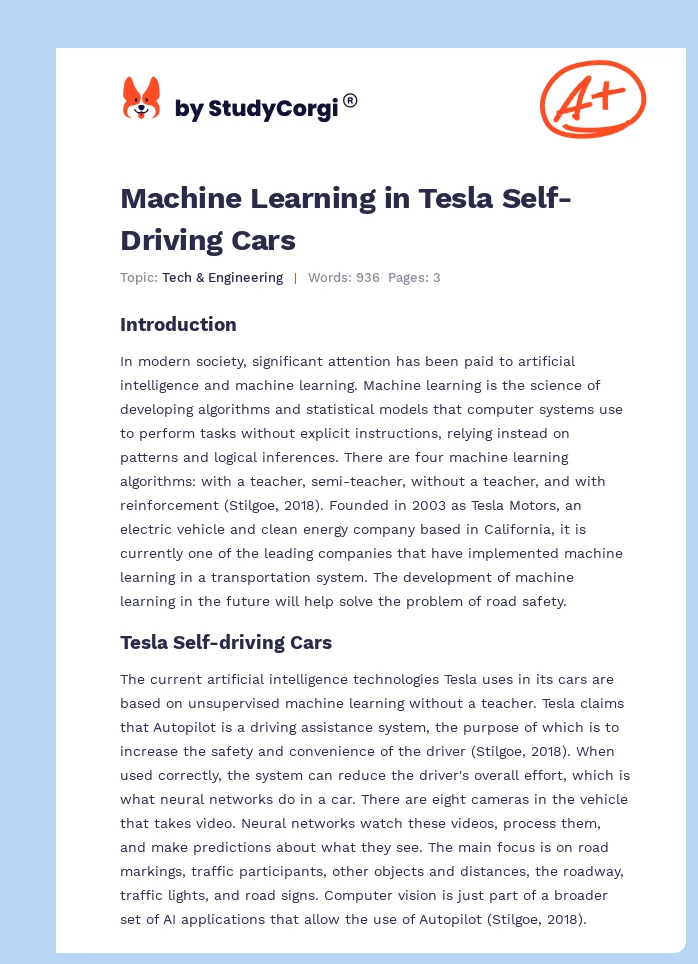 Machine Learning in Tesla Self-Driving Cars. Page 1