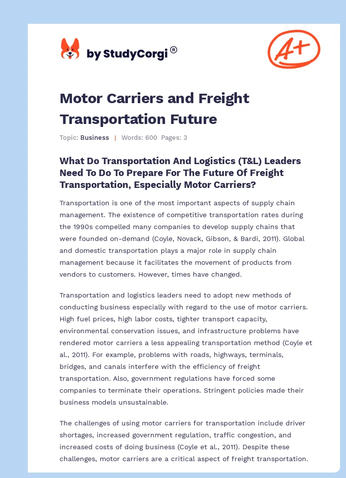 Motor Carriers and Freight Transportation Future. Page 1