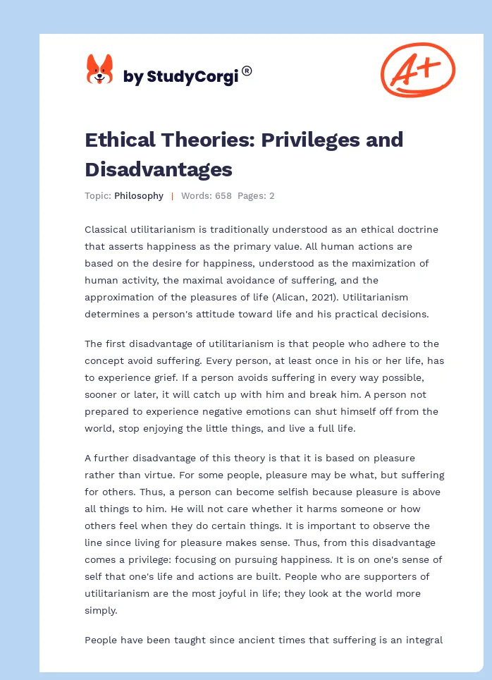 Ethical Theories: Privileges and Disadvantages. Page 1