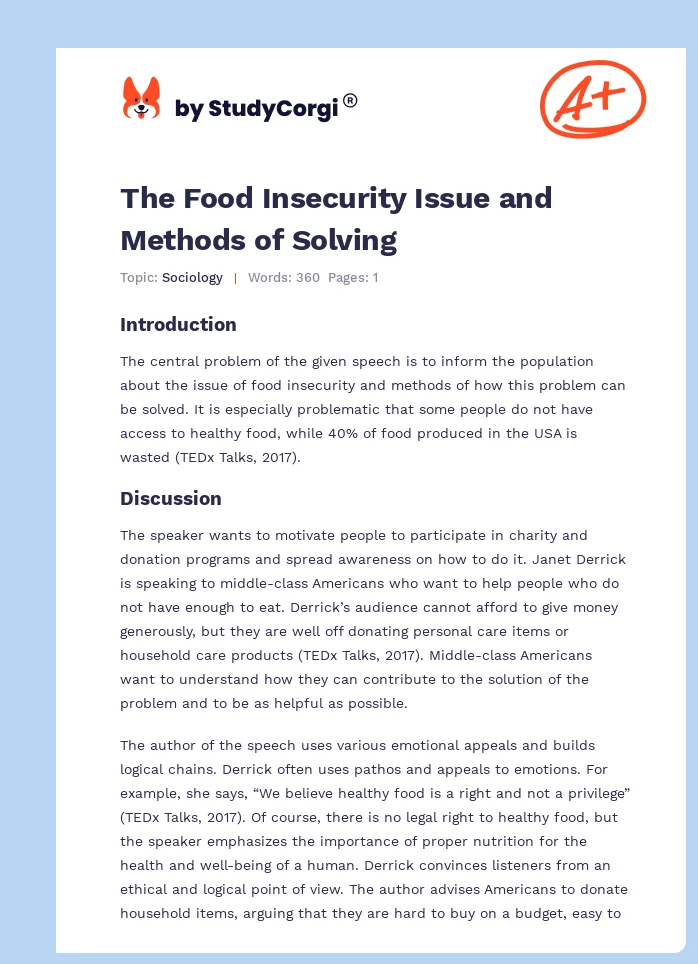 The Food Insecurity Issue and Methods of Solving. Page 1