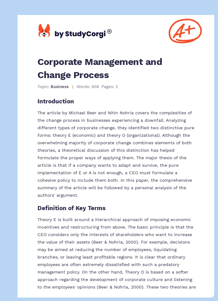 Corporate Management and Change Process. Page 1