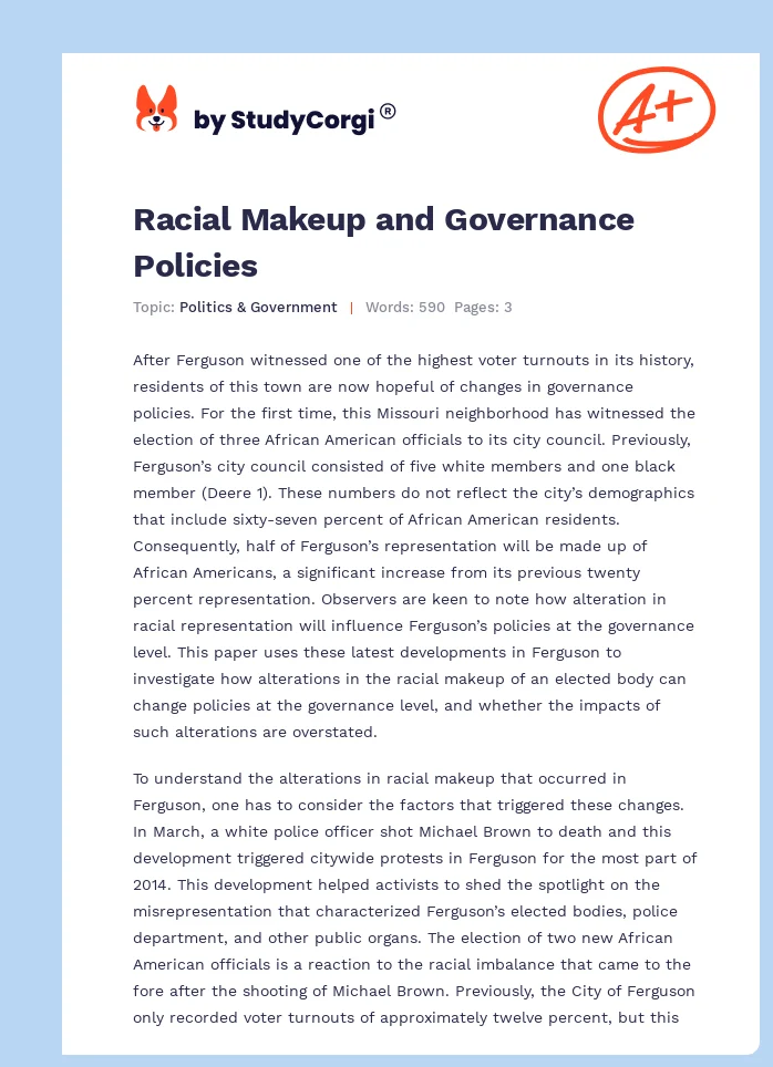 Racial Makeup and Governance Policies. Page 1