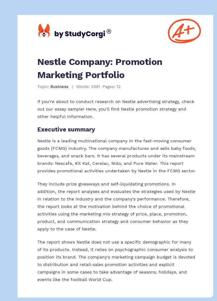 Nestle Company: Promotion Marketing Portfolio. Page 1