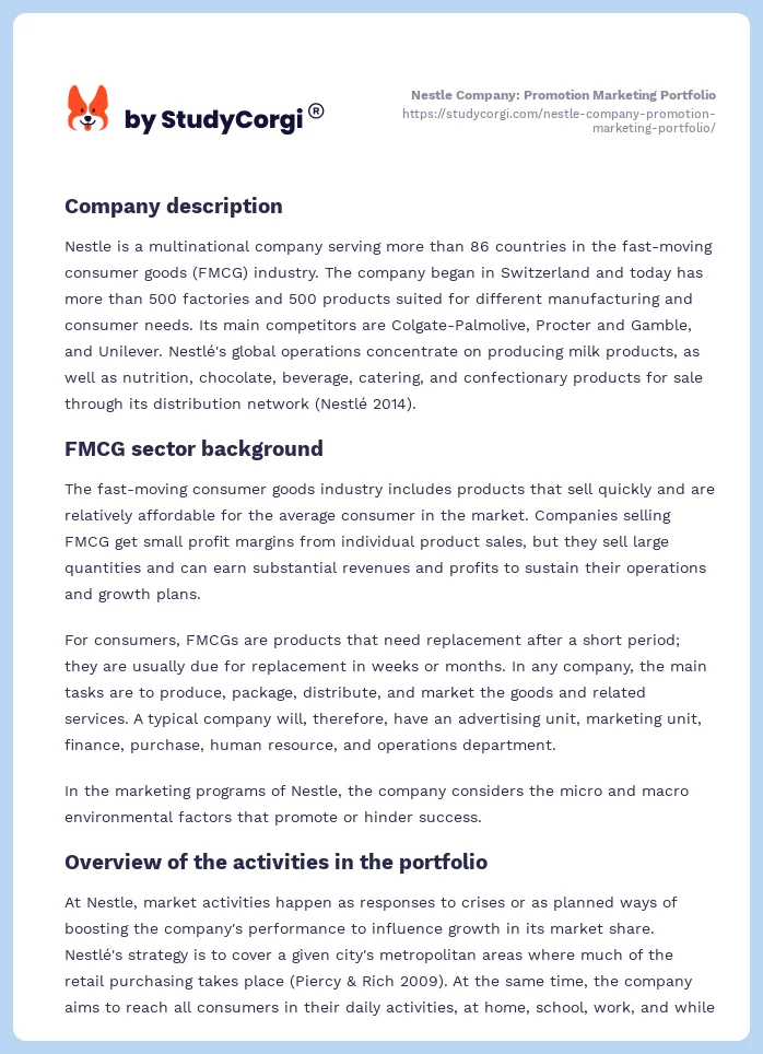 Nestle Company: Promotion Marketing Portfolio. Page 2
