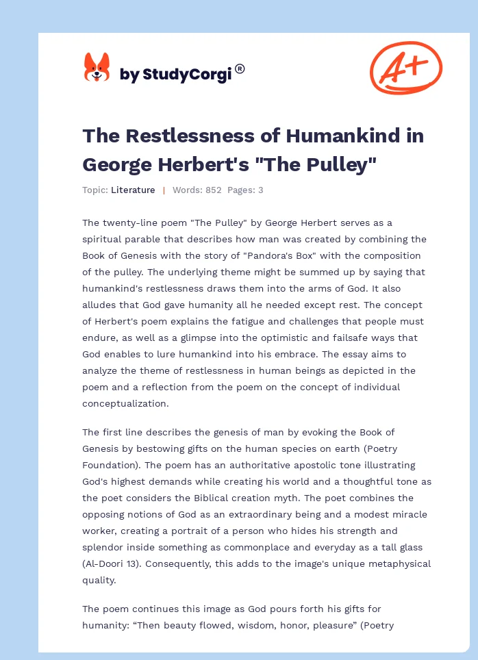 The Restlessness of Humankind in George Herbert's "The Pulley". Page 1