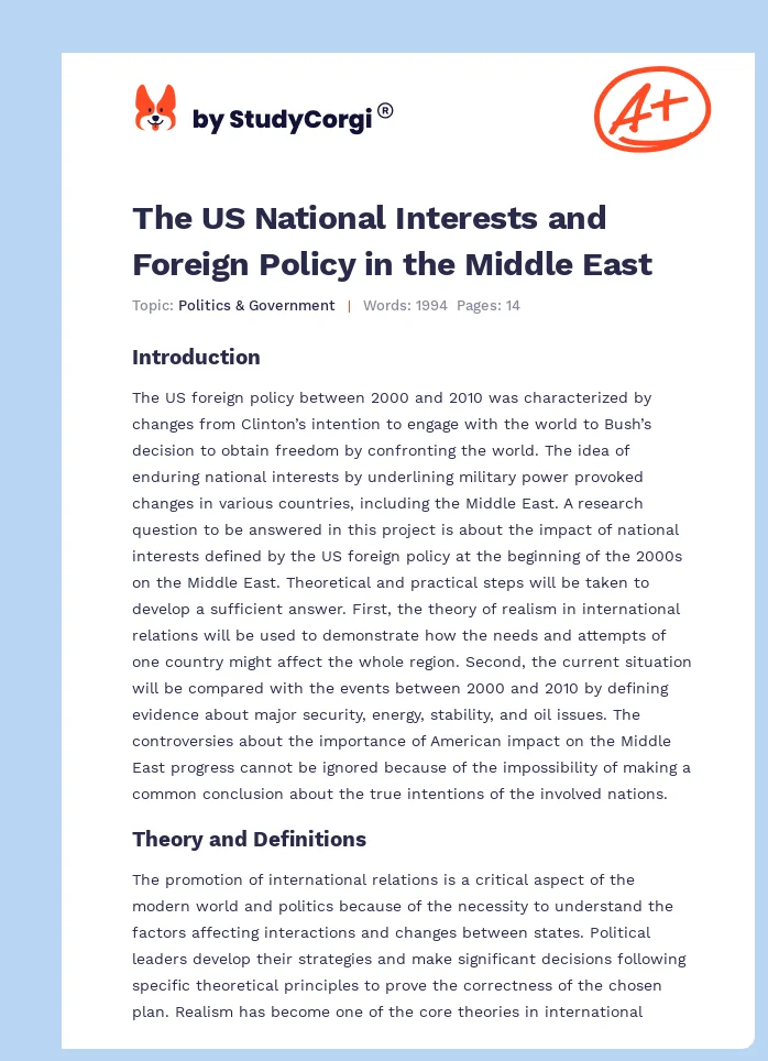 The US National Interests and Foreign Policy in the Middle East. Page 1