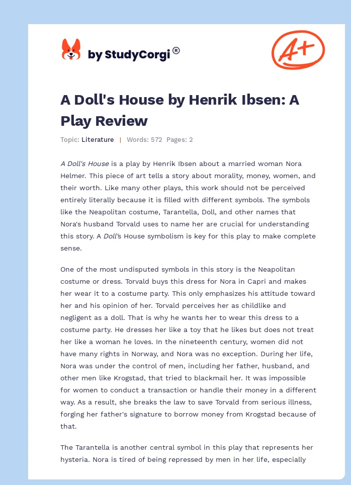 A Doll's House by Henrik Ibsen: A Play Review. Page 1