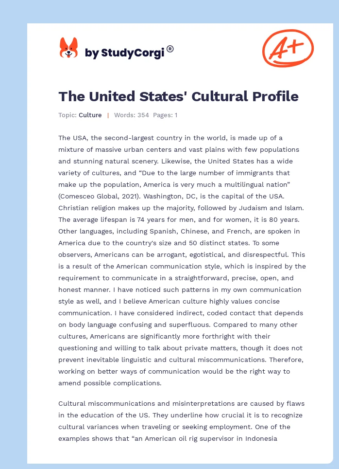 The United States' Cultural Profile. Page 1