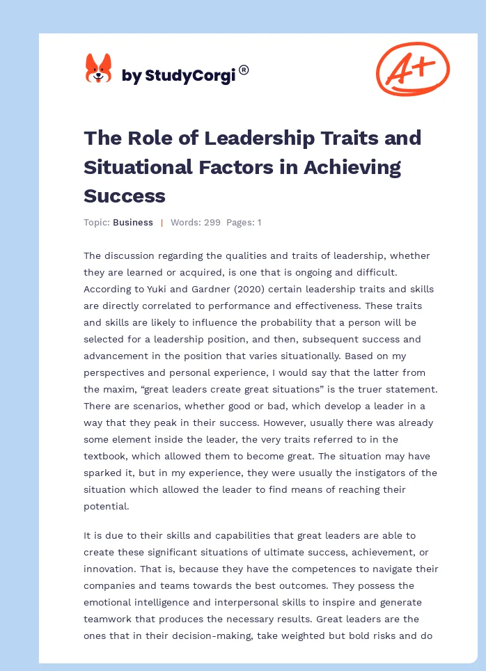 The Role of Leadership Traits and Situational Factors in Achieving Success. Page 1