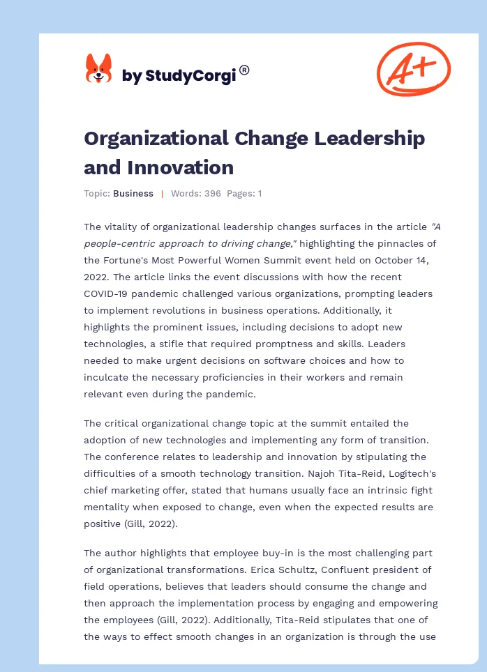 Organizational Change Leadership and Innovation. Page 1