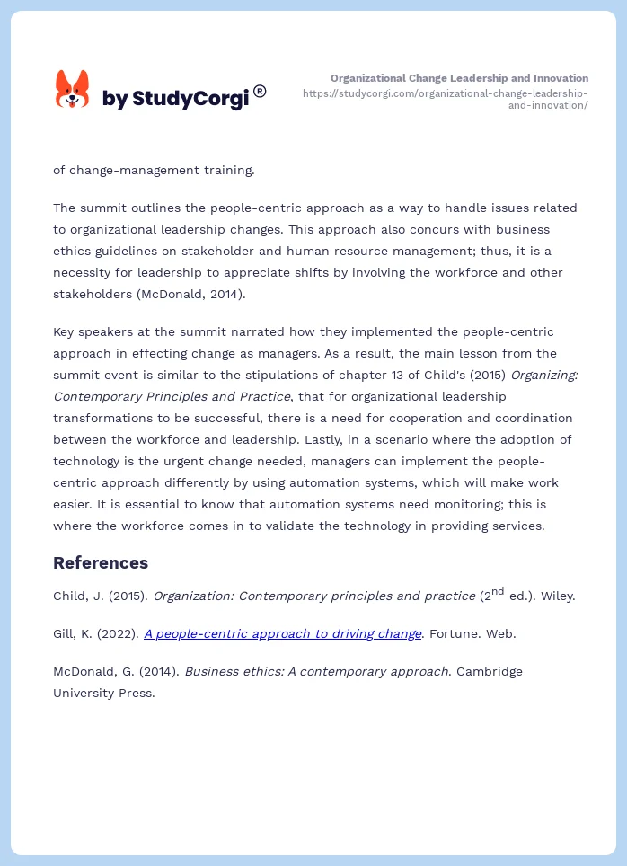 Organizational Change Leadership and Innovation. Page 2