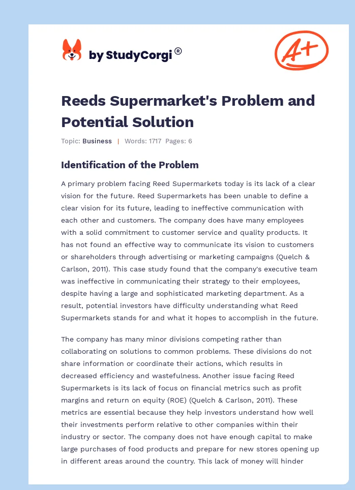 Reeds Supermarket's Problem and Potential Solution. Page 1