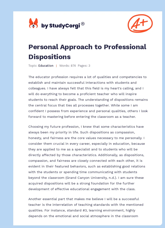 Personal Approach to Professional Dispositions. Page 1