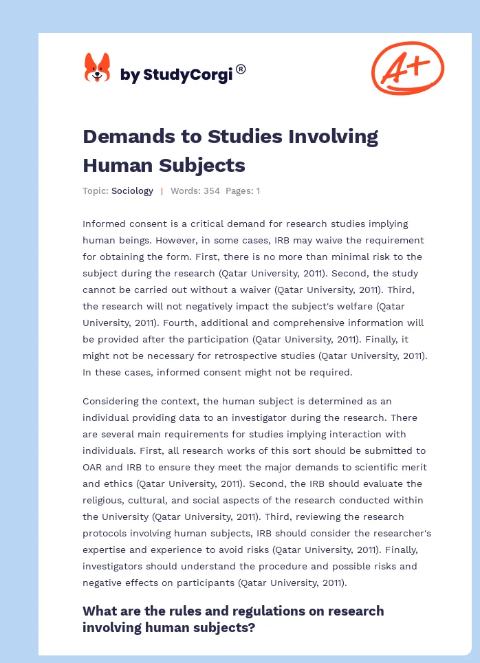 Demands to Studies Involving Human Subjects. Page 1