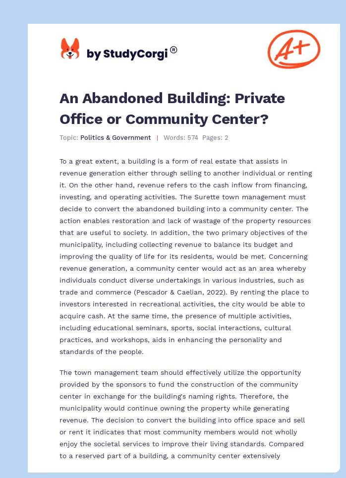 An Abandoned Building: Private Office or Community Center?. Page 1