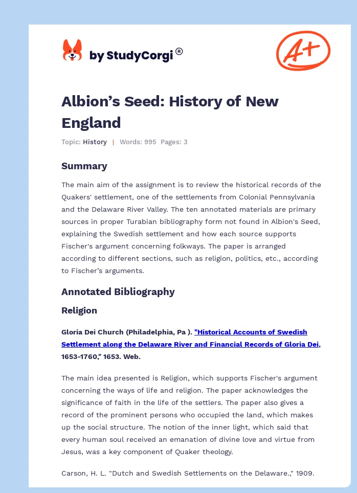 Albion’s Seed: History of New England. Page 1