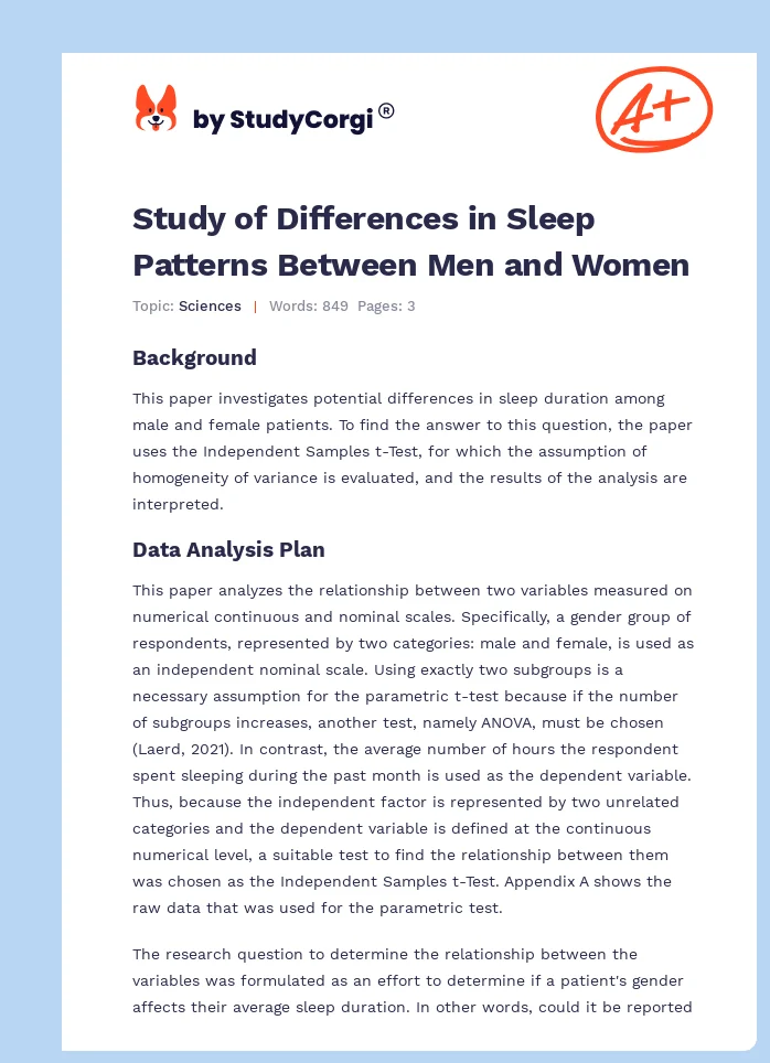 Study of Differences in Sleep Patterns Between Men and Women. Page 1