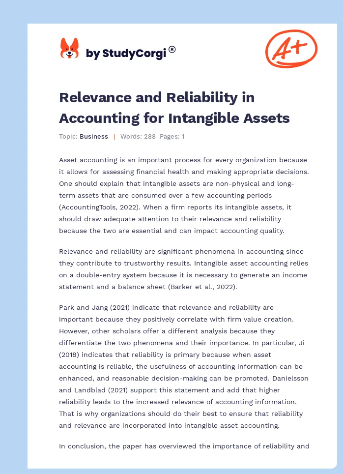 Relevance and Reliability in Accounting for Intangible Assets. Page 1