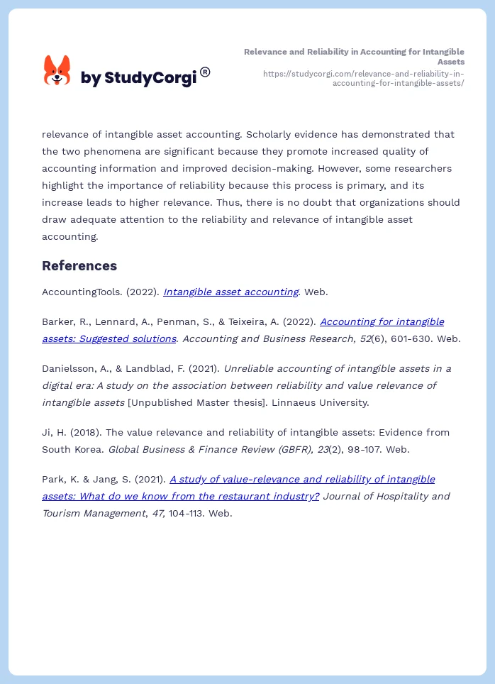 Relevance and Reliability in Accounting for Intangible Assets. Page 2