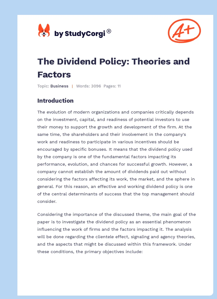 The Dividend Policy: Theories and Factors. Page 1