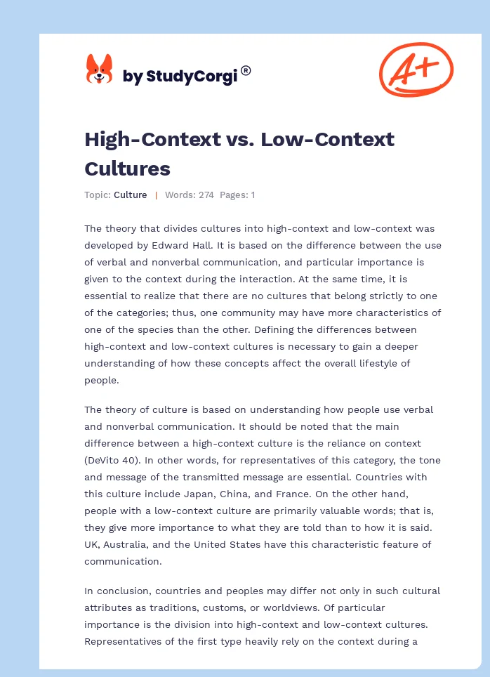 High-Context vs. Low-Context Cultures. Page 1