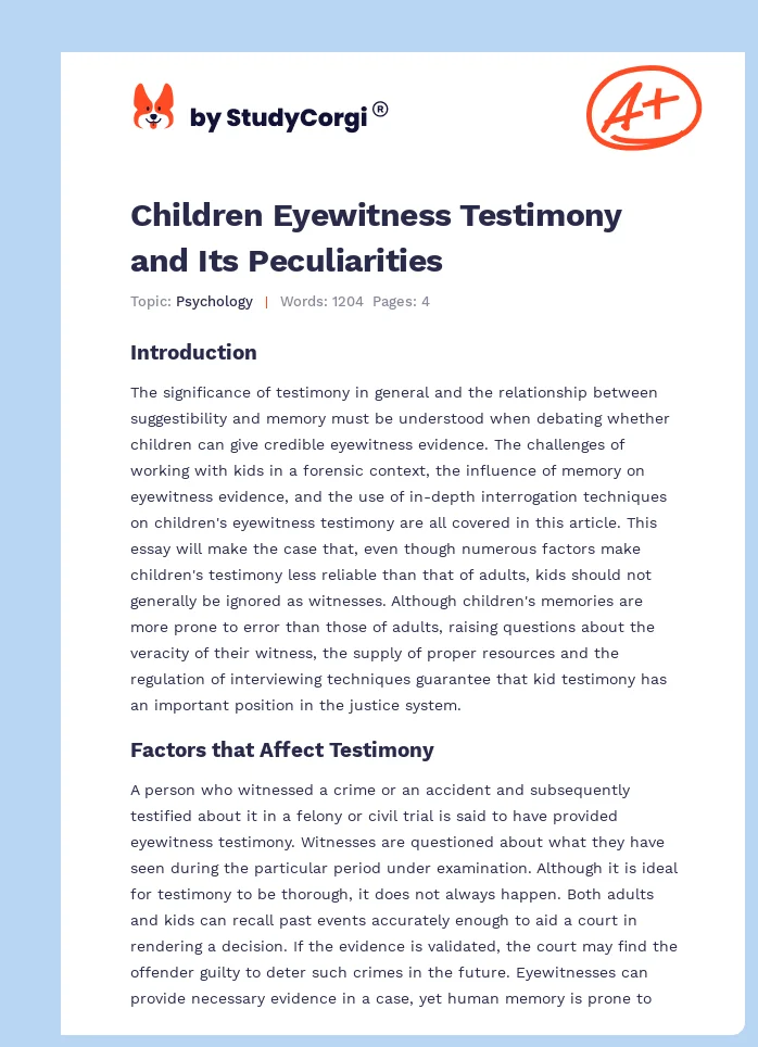 Children Eyewitness Testimony and Its Peculiarities. Page 1