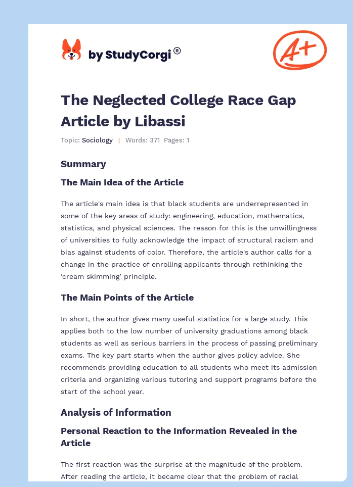 The Neglected College Race Gap Article by Libassi. Page 1