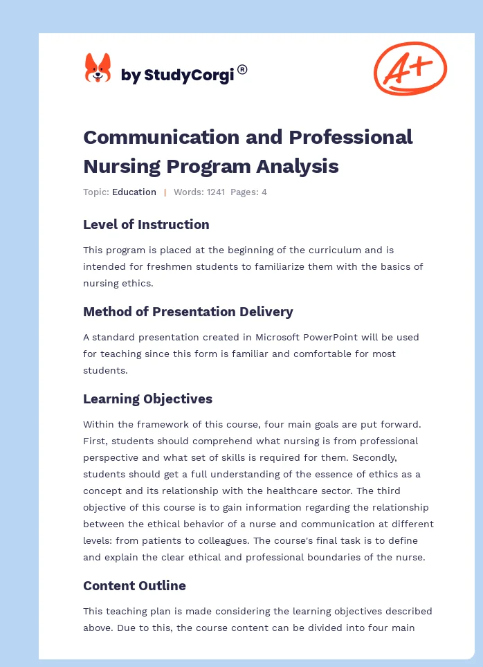 Communication and Professional Nursing Program Analysis. Page 1